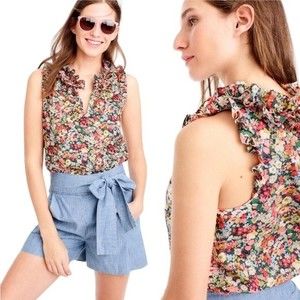 J. Crew Liberty Print Floral Ruffle Blouse Sleeveless Tie Split Neck Thorpe